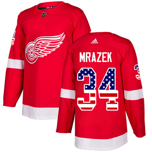 Adidas Red Wings #34 Petr Mrazek Red Home Authentic USA Flag Stitched NHL Jersey - Click Image to Close